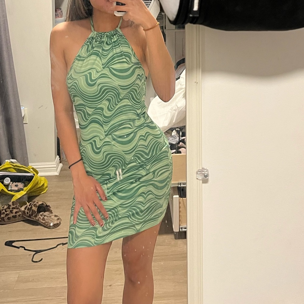 Halter Green Patterned Mini Dress | US Size 2